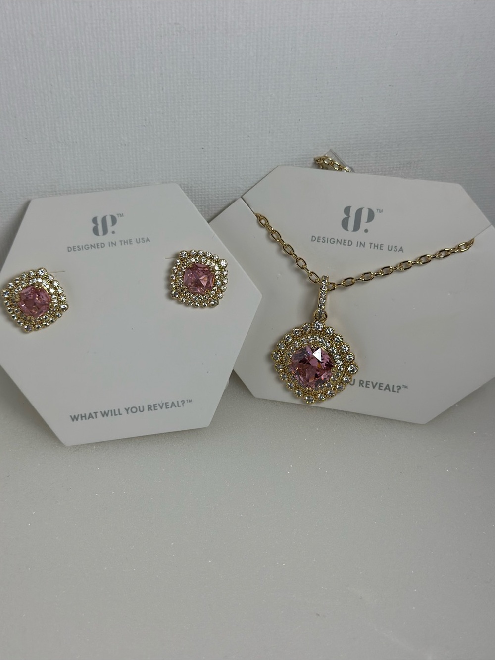 Gold-Tone Necklace and Stud Set with Pink Crystal Pendant